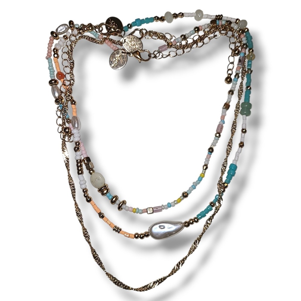 Lot 3 Lovisa Layered Beaded Necklaces Gold Tone Faux Pearl Boho Beach Set